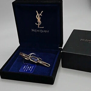 Yves Saint Laurent Gold Tone and Blue Tie Bar New in Box with Tags